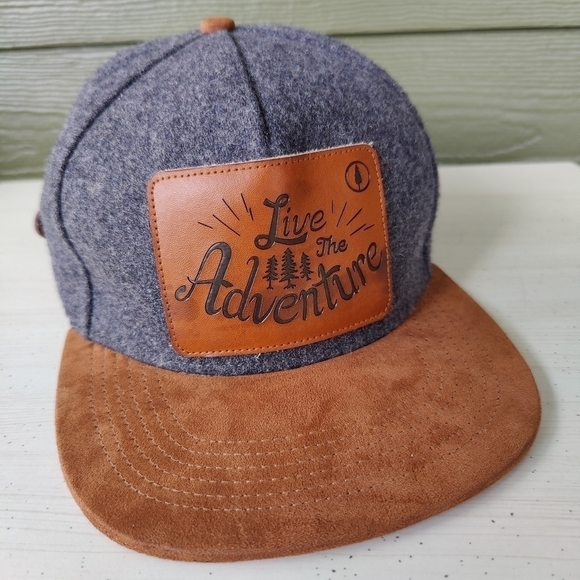 Live The Adventure Gray and Brown Wool Blend Camp Hat Cap Leather Emblem w Trees - Picture 1 of 10